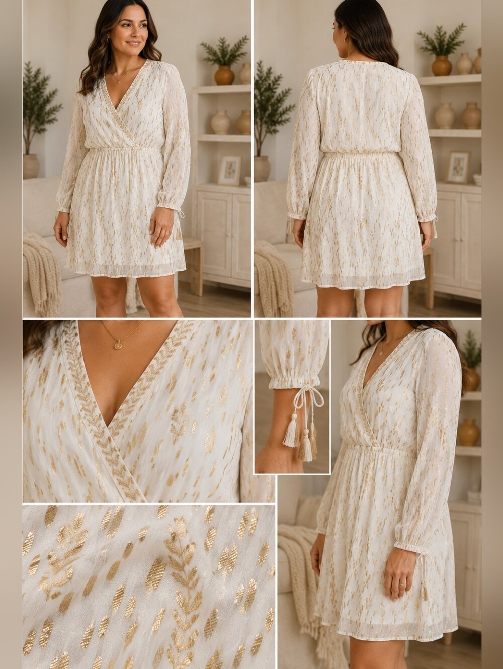 RAGA Cream and Gold Long Sleeve Dress